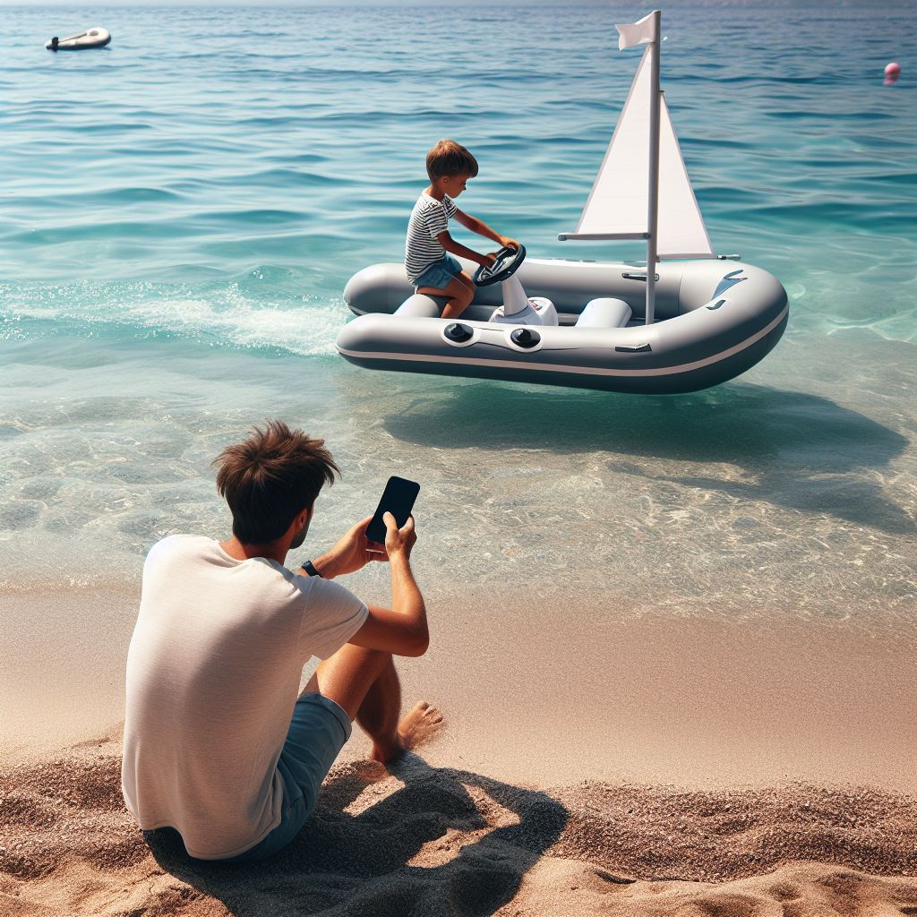 Con un fondo de playa hay un niño en el agua encima de un melotadoso y en la zona de la arena hay un padre con un móvil en la mano dirigiendo el yate.
